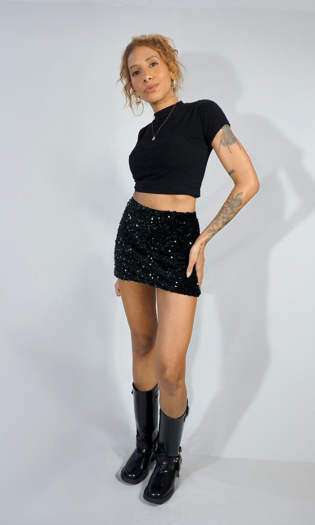 skort paetê e veludo